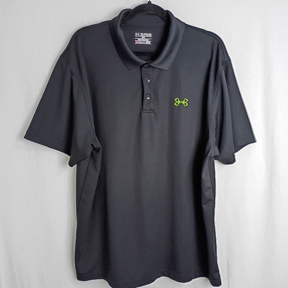 Men’s Under Armour Loose Heat Gear Fish Hook Logo Golf Tennis Black Polo 2XL EUC